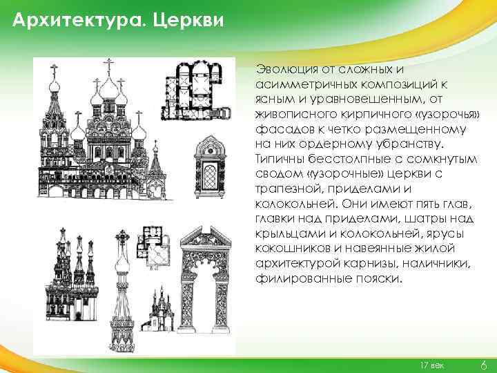 Архитектура. Церкви Эволюция от сложных и асимметричных композиций к ясным и уравновешенным, от живописного