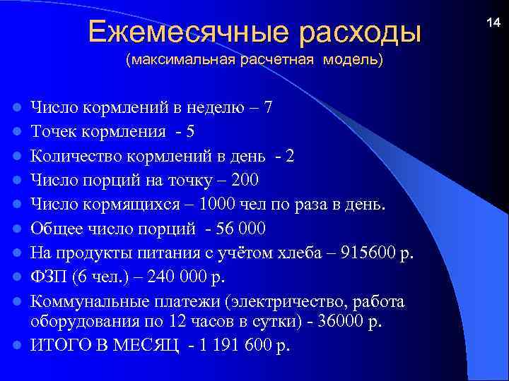 Ежемесячные расходы (максимальная расчетная модель) l l l l l Число кормлений в неделю