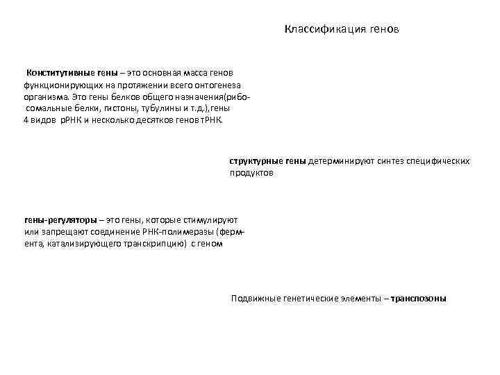  Классификация генов Конститутивные гены – это основная масса генов функционирующих на протяжении всего