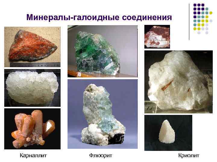 Минералы-галоидные соединения Карналлит Флюорит Криолит 