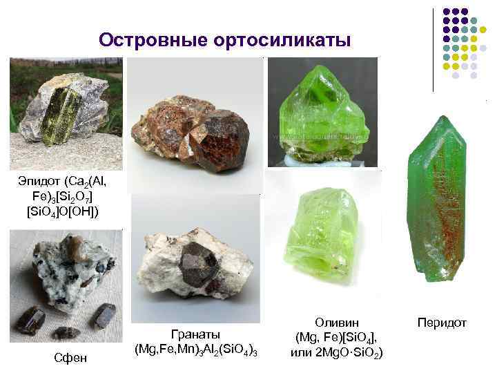 Островные ортосиликаты Эпидот (Са 2(Аl, Fe)3[Si 2 O 7] [Si. O 4]O[OH]) Сфен Гранаты