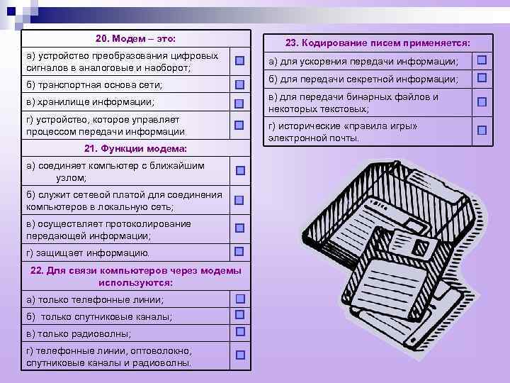 20. Модем – это: а) устройство преобразования цифровых сигналов в аналоговые и наоборот; б)