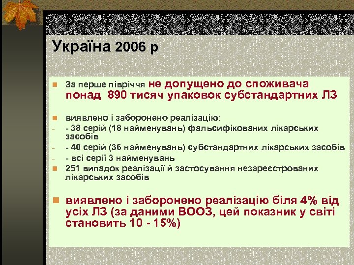 Україна 2006 р n За перше півріччя не допущено до споживача понад 890 тисяч