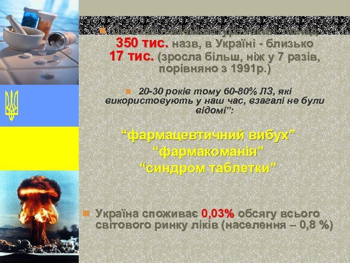 n Світова номенклатура ліків - понад 350 тис. назв, в Україні - близько 17