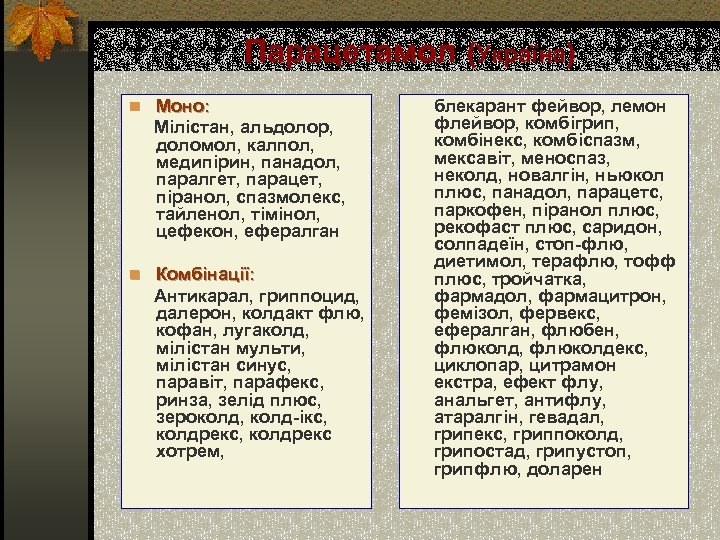 Парацетамол (Україна) n Моно: Мілістан, альдолор, доломол, калпол, медипірин, панадол, паралгет, парацет, піранол, спазмолекс,