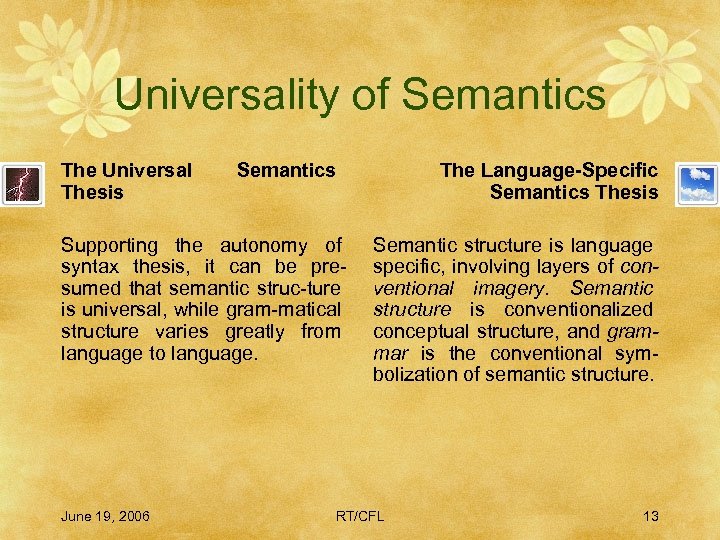 Universality of Semantics The Universal Thesis Semantics Supporting the autonomy of syntax thesis, it