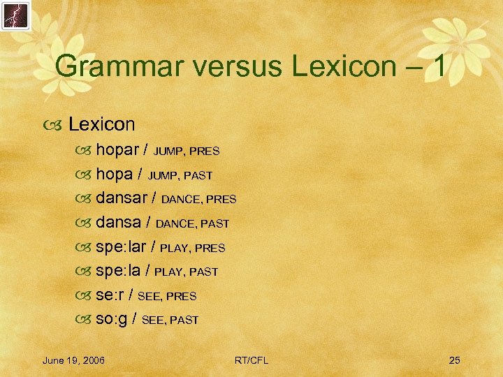 Grammar versus Lexicon – 1 Lexicon hopar / JUMP, PRES hopa / JUMP, PAST