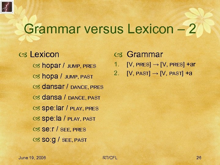 Grammar versus Lexicon – 2 Lexicon Grammar hopar / JUMP, PRES hopa / JUMP,