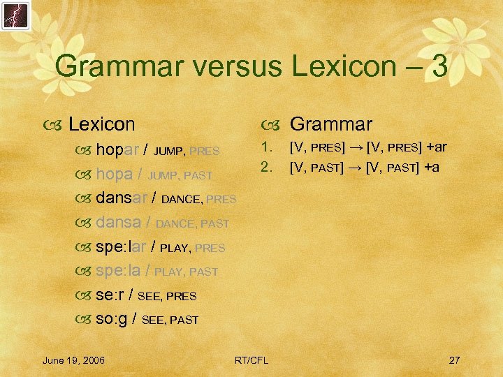 Grammar versus Lexicon – 3 Lexicon Grammar hopar / JUMP, PRES hopa / JUMP,