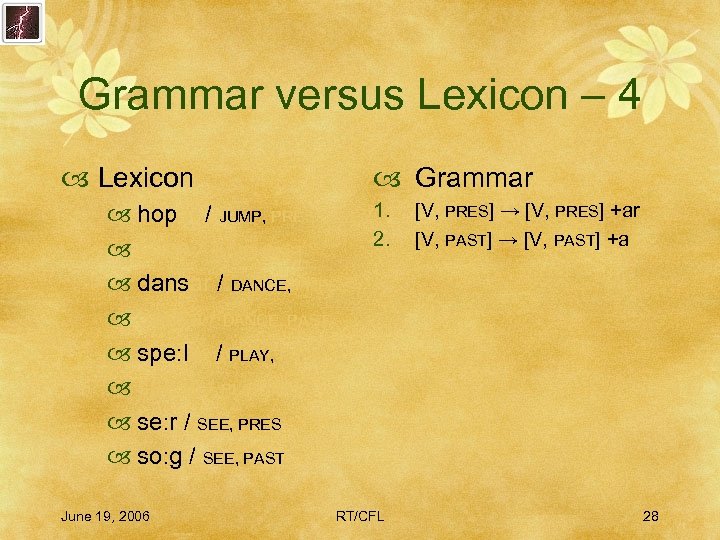 Grammar versus Lexicon – 4 Lexicon Grammar hopar / JUMP, PRES hopa / JUMP,