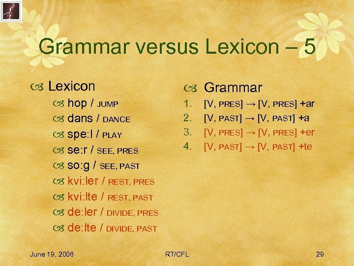 Grammar versus Lexicon – 5 Lexicon hop / JUMP dans / DANCE spe: l