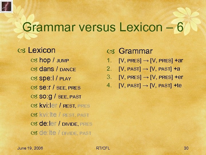 Grammar versus Lexicon – 6 Lexicon hop / JUMP dans / DANCE spe: l