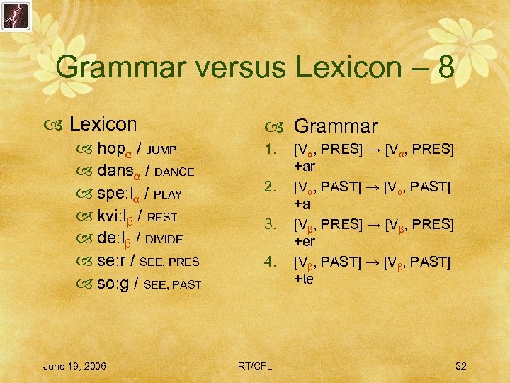 Grammar versus Lexicon – 8 Lexicon hopα / JUMP dansα / DANCE spe: lα