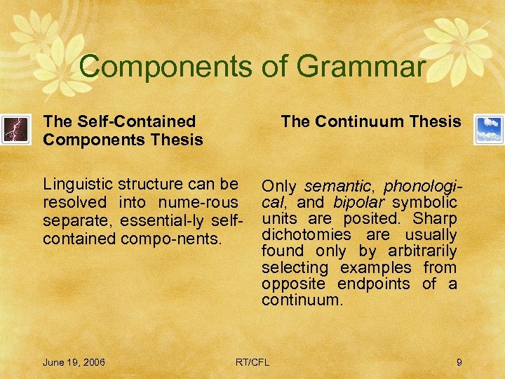 Components of Grammar The Self-Contained Components Thesis The Continuum Thesis Linguistic structure can be