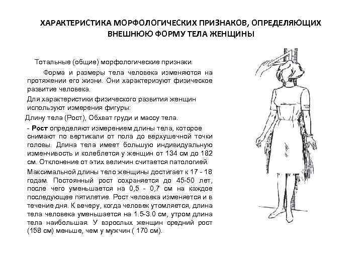 ХАРАКТЕРИСТИКА МОРФОЛОГИЧЕСКИХ ПРИЗНАКОВ, ОПРЕДЕЛЯЮЩИХ ВНЕШНЮЮ ФОРМУ ТЕЛА ЖЕНЩИНЫ Тотальные (общие) морфологические признаки. Форма и