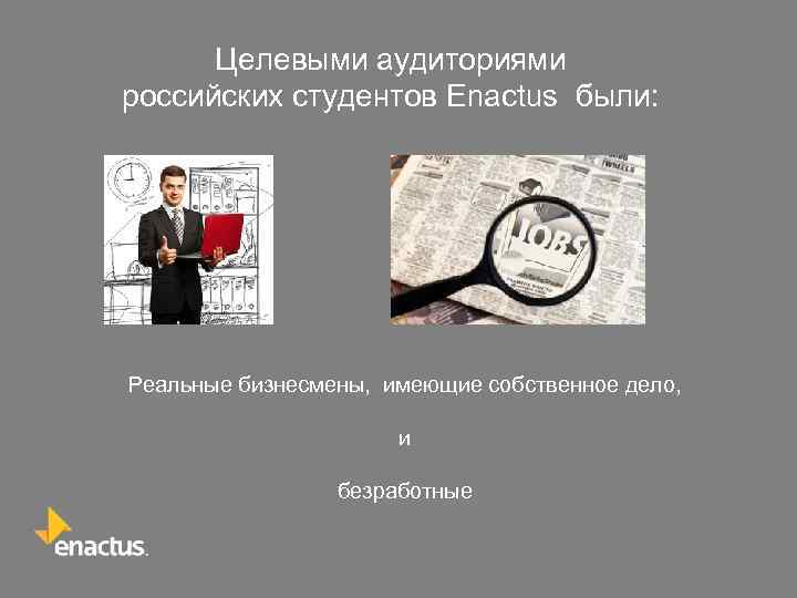 Целевыми аудиториями российских студентов Enactus были: Реальные бизнесмены, имеющие собственное дело, и безработные 