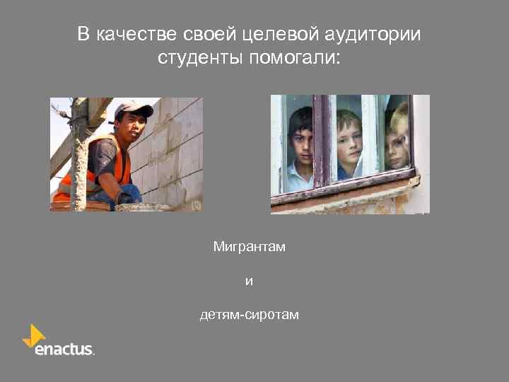 В качестве своей целевой аудитории студенты помогали: Мигрантам и детям-сиротам 