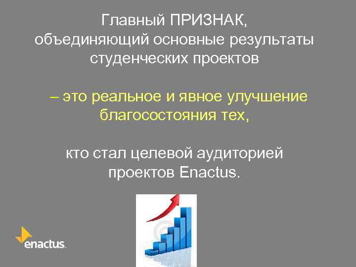 Главный ПРИЗНАК, объединяющий основные результаты студенческих проектов – это реальное и явное улучшение благосостояния