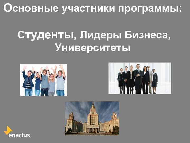 Основные участники программы: Студенты, Лидеры Бизнеса, Университеты 