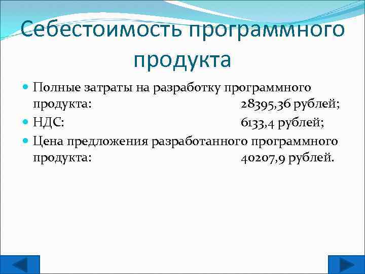 Себестоимость программного продукта Полные затраты на разработку программного продукта: 28395, 36 рублей; НДС: 6133,