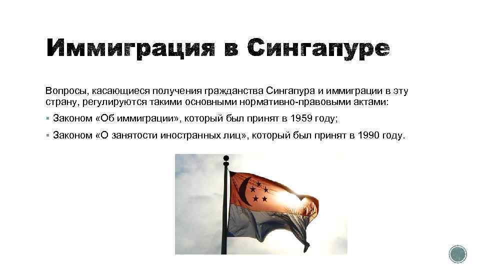 Вопросы, касающиеся получения гражданства Сингапура и иммиграции в эту страну, регулируются такими основными нормативно-правовыми