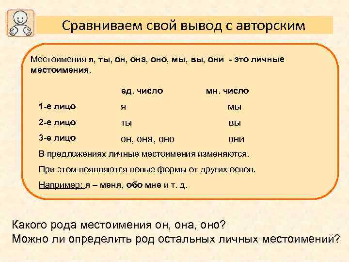 Сравниваем свой вывод с авторским Местоимения я, ты, она, оно, мы, вы, они -