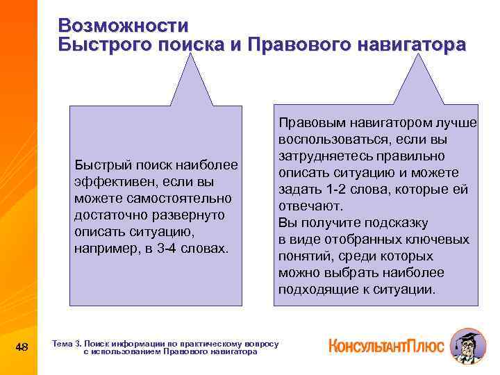 Возможности Быстрого поиска и Правового навигатора Быстрый поиск наиболее эффективен, если вы можете самостоятельно