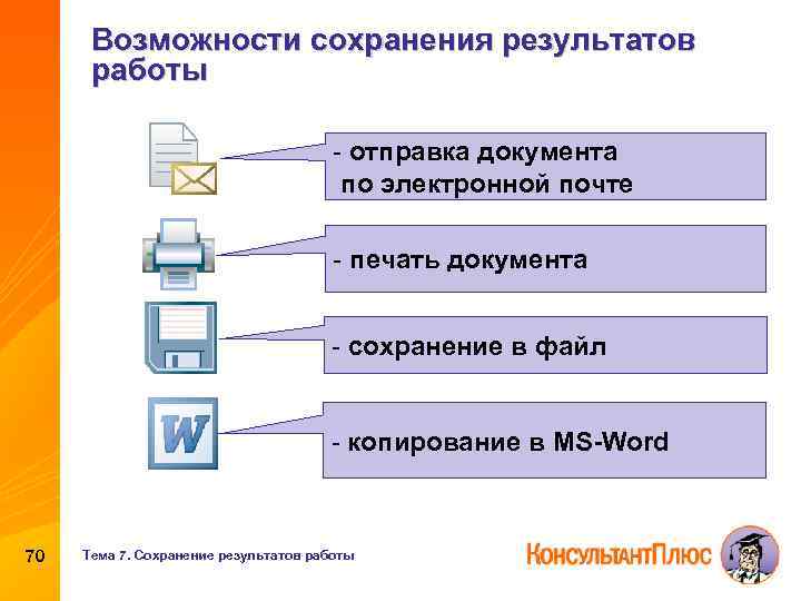 Возможности сохранения результатов работы - отправка документа по электронной почте - печать документа -