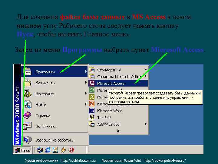 Для создания файла базы данных в MS Access в левом нижнем углу Рабочего стола