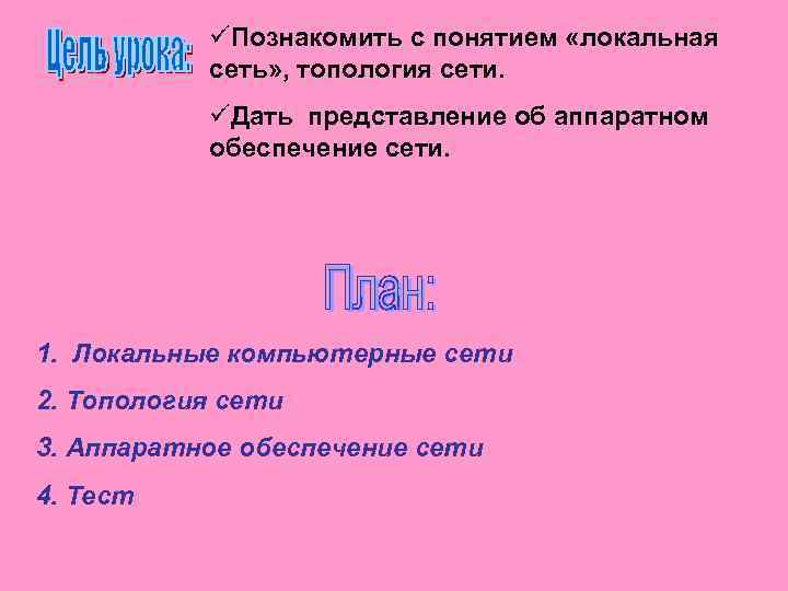 üПознакомить с понятием «локальная сеть» , топология сети. üДать представление об аппаратном обеспечение сети.