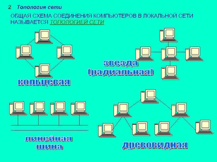 2 Топология сети ОБЩАЯ СХЕМА СОЕДИНЕНИЯ КОМПЬЮТЕРОВ В ЛОКАЛЬНОЙ СЕТИ НАЗЫВАЕТСЯ ТОПОЛОГИЕЙ СЕТИ 