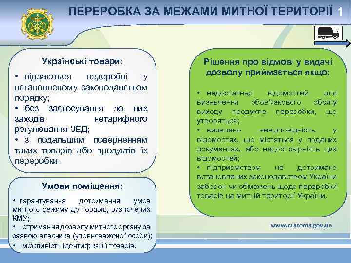 ПЕРЕРОБКА ЗА МЕЖАМИ МИТНОЇ ТЕРИТОРІЇ 1 Українські товари: • піддаються переробці у встановленому законодавством
