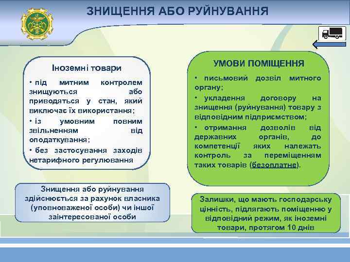 ЗНИЩЕННЯ АБО РУЙНУВАННЯ Іноземні товари • під митним контролем знищуються або приводяться у стан,