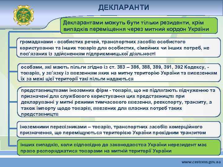 ДЕКЛАРАНТИ Декларантами можуть бути тільки резиденти, крім випадків переміщення через митний кордон України громадянами