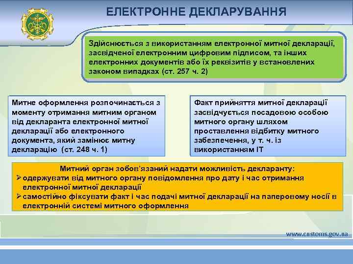 ЕЛЕКТРОННЕ ДЕКЛАРУВАННЯ Здійснюється з використанням електронної митної декларації, засвідченої електронним цифровим підписом, та інших