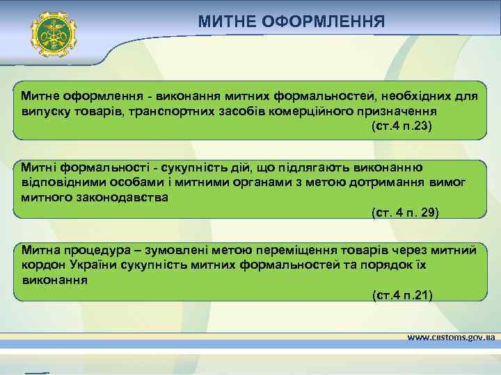 МИТНЕ ОФОРМЛЕННЯ Митне оформлення - виконання митних формальностей, необхідних для випуску товарів, транспортних засобів