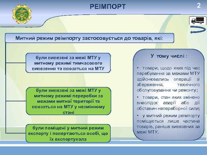 2 РЕІМПОРТ Митний режим реімпорту застосовується до товарів, які: були вивезені за межі МТУ