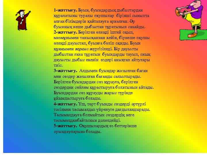 1 -жаттығу. Буын, буындардың дыбыстардан құралатыны туралы оқушылар бірінші сыныпта алған білімдерін қайталауға арналған.