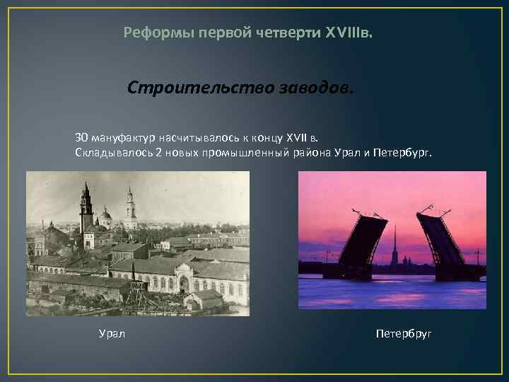 Реформы первой четверти XVIIIв. Строительство заводов. 30 мануфактур насчитывалось к концу XVII в. Складывалось