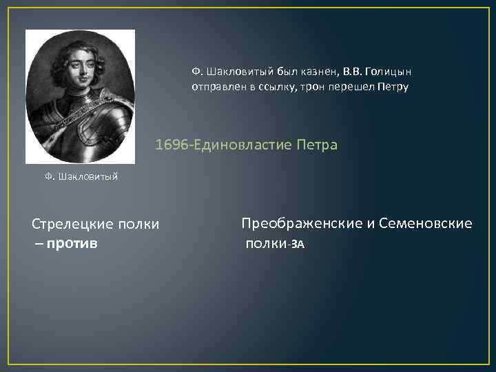 Ф. Шакловитый был казнен, В. В. Голицын отправлен в ссылку, трон перешел Петру 1696