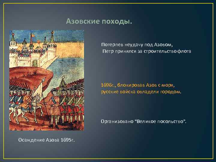 Азовские походы. Потерпев неудачу под Азовом, Петр принялся за строительство флота 1696 г. ,