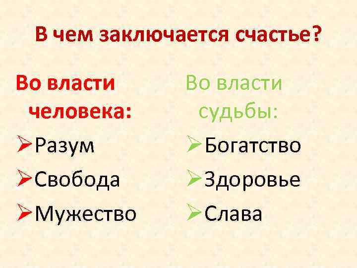 В чем заключается счастье? Во власти человека: ØРазум ØСвобода ØМужество Во власти судьбы: ØБогатство