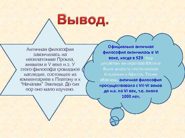 Вывод. Античная философия закончилась на неоплатонике Прокла, жившем в V веке н. э. У