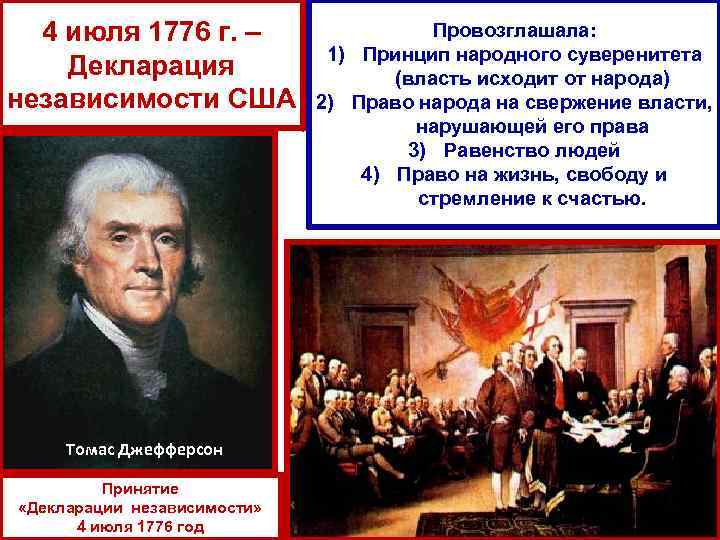 4 июля 1776 г. – Декларация независимости США Томас Джефферсон Принятие «Декларации независимости» 4