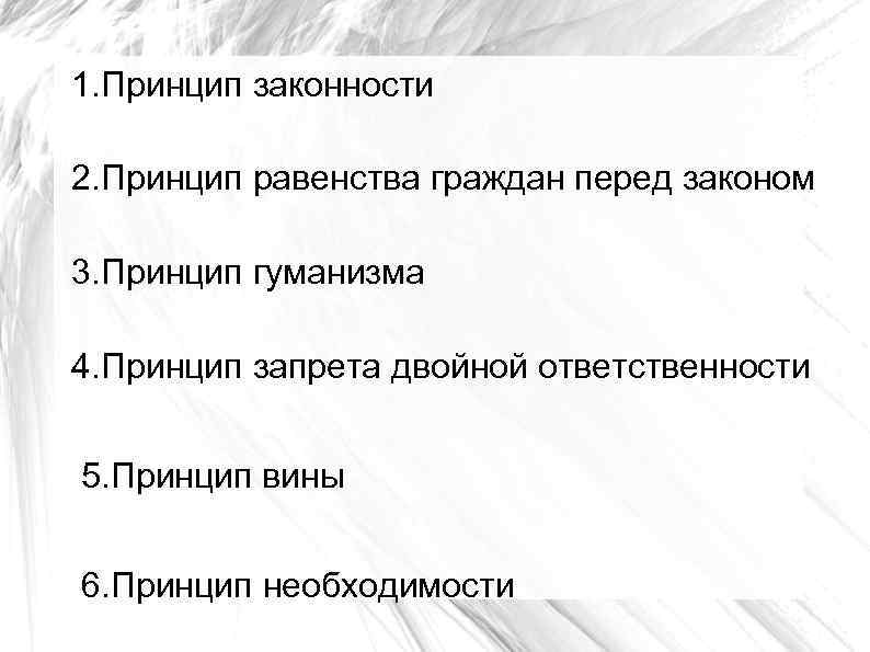 1. Принцип законности 2. Принцип равенства граждан перед законом 3. Принцип гуманизма 4. Принцип
