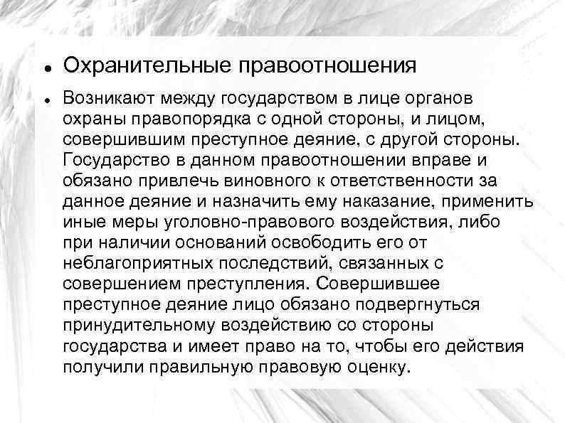  Охранительные правоотношения Возникают между государством в лице органов охраны правопорядка с одной стороны,