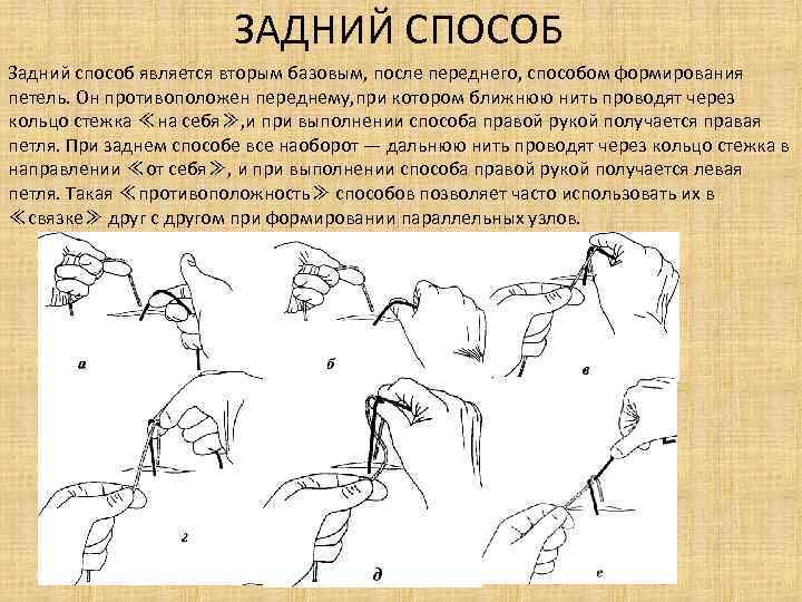 ЗАДНИЙ СПОСОБ Задний способ является вторым базовым, после переднего, способом формирования петель. Он противоположен