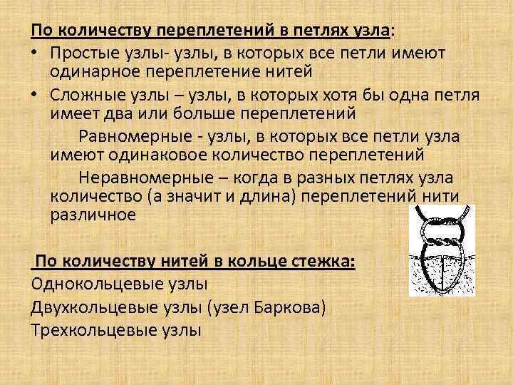 По количеству переплетений в петлях узла: • Простые узлы- узлы, в которых все петли