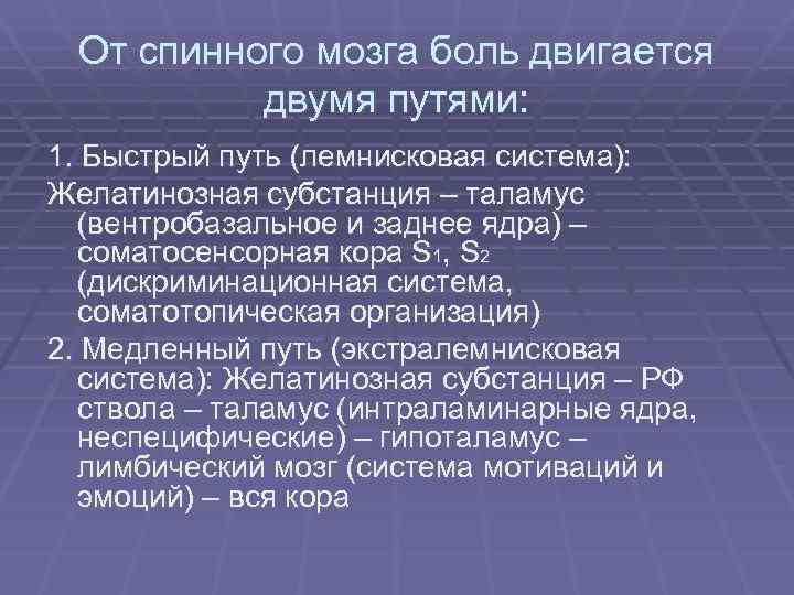 От спинного мозга боль двигается двумя путями: 1. Быстрый путь (лемнисковая система): Желатинозная субстанция