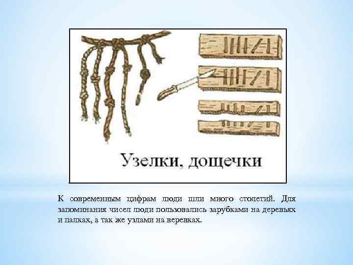 К современным цифрам люди шли много столетий. Для запоминания чисел люди пользовались зарубками на